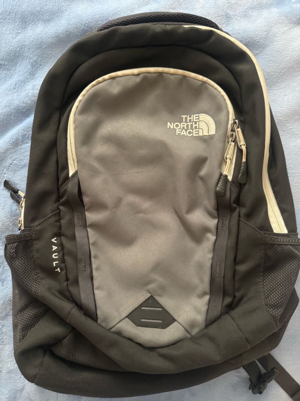 North Face Vault Backpack in Black and Gray with Cream Trim